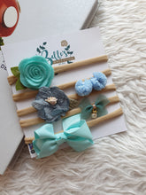 Load image into Gallery viewer, Sky Blue Floral and Bows Headband
