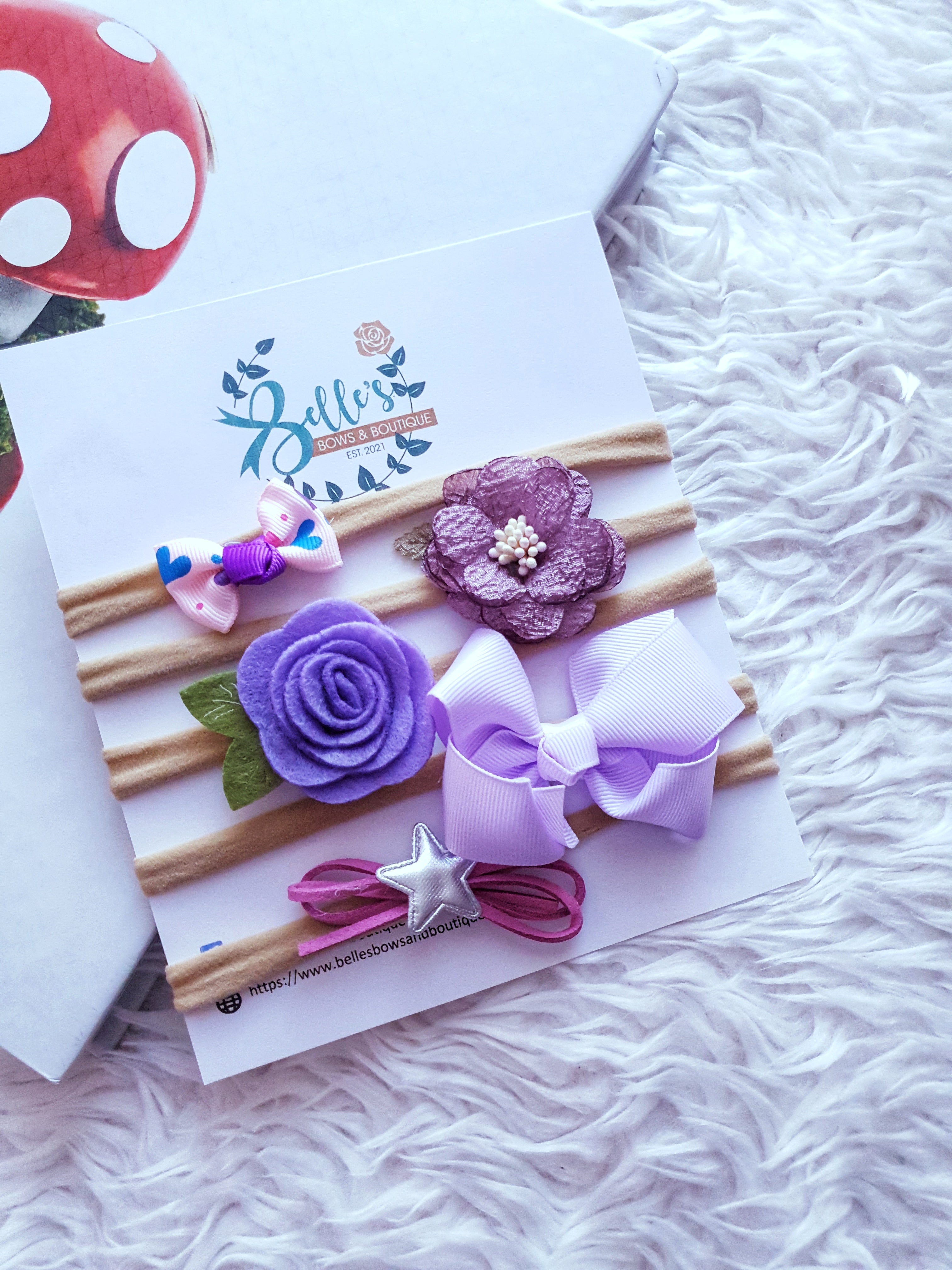 Elegant Lavender Bow Headband with Floral Accent Eyelet & Ivy | Lavender Bow Girls Headband main image 4